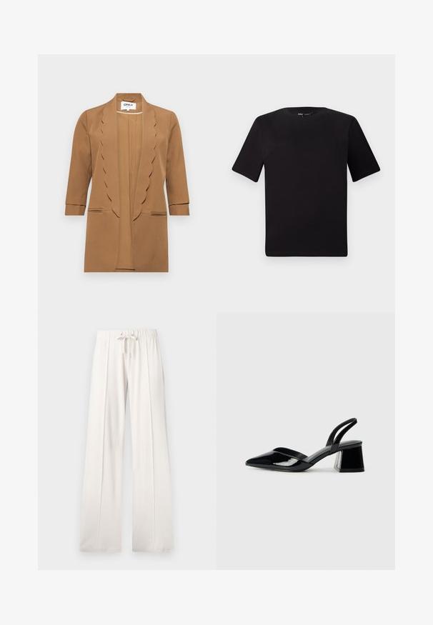 ONLY ONLELLY 3/4 LIFE SCALLOP - Bleiser - toasted coconut; Must olema lühikeste varrukatega must t-särk ümmarguse kaelusega, valmistatud pehmest puuvillast kangast. Lihtne disain, ilma nähtavate logode või mustriteta.; Heledad beežid püksid, mis on valmistatud pehmest kangast, millel on paelaga vöökoht, laiad sääred ja vertikaalsed õmblused, lisaks sujuv tekstuur.; Mustad musta lakknahk kingad, millel on terav varvas ja geomeetriline plokkkonts. Omab elegantselt minimalistlikku disaini ja sujuvat tekstuuri.