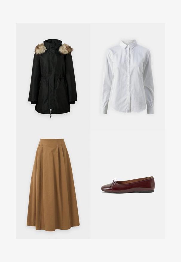Zwarte lange winterjas met hoge kraag en bruin bontdetail op de schouders, met een voorrits en een getailleerde taille.; Witte overhemd met knopen van glad katoen, met een klassieke kraag, lange mouwen en een afgeronde zoom. De knopen zijn klein en wit.; Bruine katoen A-lijn rok met een hoge taille, voorzien van plooien aan de voorkant en een gladde textuur. De zoomafwerking is schoon en eenvoudig.; Bordeaux gepatenteerd lederen ballerina met een ronde neus, een klein strikaccent aan de voorkant en een lage, zwarte rubberen zool. Glad textuur.