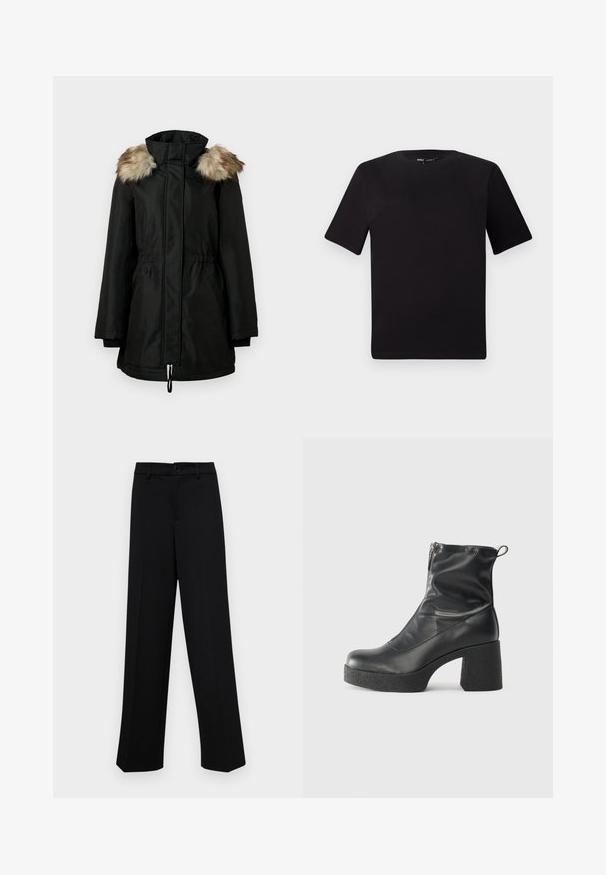 Black long winter coat with high collar and brown fur trim on shoulders, featuring front zipper and cinched waist.; Black short-sleeve t-shirt with a round neckline, crafted from soft cotton fabric. Simple design, no visible logos or patterns.; Black wide-leg trousers made of smooth fabric, featuring a classic waistband with a button closure and front pleats.; Black ankle boots made of smooth leather, featuring a side zipper, chunky textured heel, and rounded toe design.