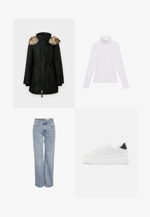 Czarny długi zimowy płaszcz z wysokim kołnierzem i brązowym futrzanym wykończeniem na ramionach, z zamkiem błyskawicznym z przodu i wcięciem w talii.; Biała bluzka z długim rękawem i golfem, wykonana z gładkiego, elastycznego materiału. Posiada wysoki kołnierz i dopasowany krój, bez widocznych wzorów czy zdobień.; Jasnoniebieskie dżinsy z szerokimi nogawkami, wykonane z denimu, z wysokim stanem, pięciowgzianą konstrukcją i subtelnym wyblaknięciem, dającym wrażenie noszonych.; Białe sneakersy na platformie wykonane z gładkiego materiału syntetycznego, z zaokrąglonym noskiem, sznurowanym zapięciem i teksturowaną gumową podeszwą. Czarne akcenty na pięcie.