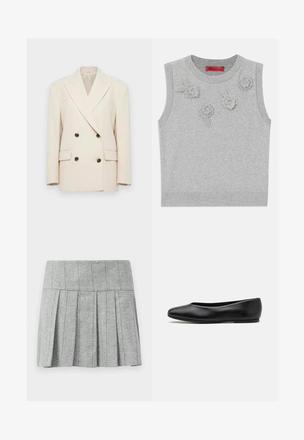 Blazer de duas linhas de botão, de cor creme, com lapelas largas e quatro botões escuros, apresentando dois bolsos de aba e ombros estruturados.; Sweater sem mangas de cor cinza claro, com decote e barra canelados. Apresenta três aplicações florais texturizadas na parte da frente. Etiqueta da marca: MAX&Co.; Saia cinza plissada feita de tecido com padrão em espinha de peixe; apresenta uma cintura estruturada e um corte reto na parte inferior.; Paul Smith TOPANGA - Sabrinas - black