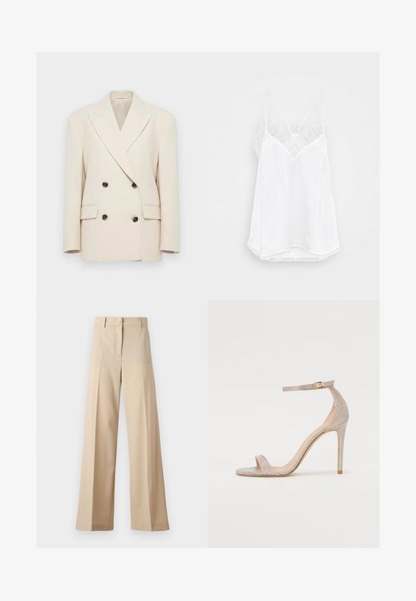 Beżowa, podwójnie zapinana marynarka z szerokimi klapami i czterema ciemnymi guzikami, z dwoma kieszeniami z klapami i wyraźnie zarysowanymi ramionami.; Biała koszulka na ramiączkach z dekoltem w serek, cienkimi ramiączkami, teksturowanymi koronkowymi akcentami na ramionach i zaokrąglonym dołem. Gładka tekstura materiału.; Beżowe spodnie o szerokich nogawkach wykonane z gładkiego materiału, z płaskim przodem i zakładkami, z zapięciem na zamek i pętelkami na pasek. Dopasowany krój.; Sandały na wysokim obcasie z paskami w metalicznym odcieniu różowego złota, z teksturowaną cholewką, otwartym toe oraz paskiem wokół kostki z ozdobną złotą klamrą.
