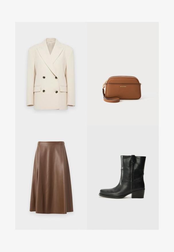 Kreemivärvi kahekordse nööbiga blazer laiade kraede ja nelja tumeda nupuga, millel on kaks taskut ja struktureeritud õlad.; Must must vest, mille õhukeste spagettiratastega, ribakanga materjalist, sirge lõikega ja kaela piirkonnas sildi "IVY OAK".; Pruun nahkne A-line seelik, millel on sile tekstuur ja keskmise pikkusega lõhik. Omab sobivat vöökohta ja kerget laienemist puusadelt.; Musta nahast pahkluu saabas ümarate varvastega, plokknäppu, külgsepa ja pealsetel õmblusest aktsentidega. Sile tekstuur, klassikaline disain.; pruunist nahast õlakott kuldsete metalldetailidega, lukuga ja reguleeritava rihmaga. Omab minimalismi ja reljeefset logo.