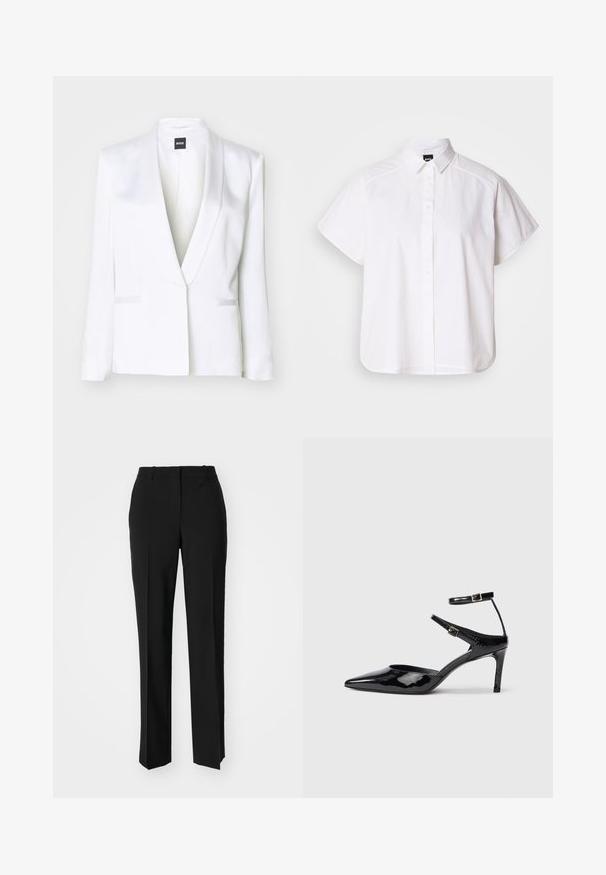 Baltas pritaikytas bleizeris su satino danga, šališkas apykaklė ir priekinės kišenės su užlenkimu. Pasižymi struktūruotais pečiais ir ilgomis rankovėmis.; Balta trumpomis rankovėmis marškinėlių su atlenkiamu apykakle ir kreiva apačia. Pagaminta iš medvilnės, su sklandžiu paviršiumi ir be matomų raštų.; Juodi pritaikyti kelnių modeliai su tiesiomis kojomis, pasižyminčios lygiomis tekstūromis ir ryškiomis klostėmis priekyje. Nėra matomų detalių.; Juodos lakinės odos aukštakulnės su smailiu koja, reguliuojamais kulkšnies dirželiais ir lieknu kulnu. Lygus paviršius su blizgiu apdaila.