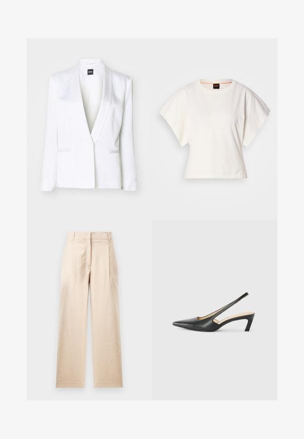 Bijela odijeljena blazerica s satenskim finišem, s lepršavim ovratnikom i prednjim preklopnim džepovima. Ima strukturirane ramena i duge rukave.; Bijeli skraćeni T-shirt, široke kratke rukave, mekani pamučni materijal, okrugli izrez s suptilnim narančastim detaljem, minimalistički dizajn, bez uzoraka ili grafika.; Bež hlače izrađene od glatke tkanine. Imaju ravni kroj, ravni prednji dio i dva nabora. Nema vidljivih uzoraka ili mehanizama.; Crne cipele s izduženim vrhom i remenom oko pete, s niskom petom, izrađene od glatke kože i s izrezbarenom stranom radi prozračnosti.