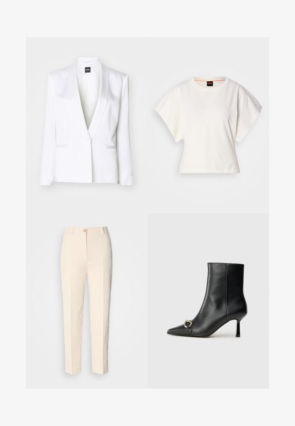 White tailored blazer with a satin finish, shawl collar, and front flap pockets. Features structured shoulders and long sleeves.; White cropped T-shirt, short wide sleeves, soft cotton material, round neckline with subtle orange trim, minimal design, no patterns or graphics.; Cream-colored, high-waisted trousers made of textured fabric. Features a front button closure and tapered legs.; Black leather ankle boot with pointed toe, slim mid-height heel, and silver buckle detail on side against plain background.