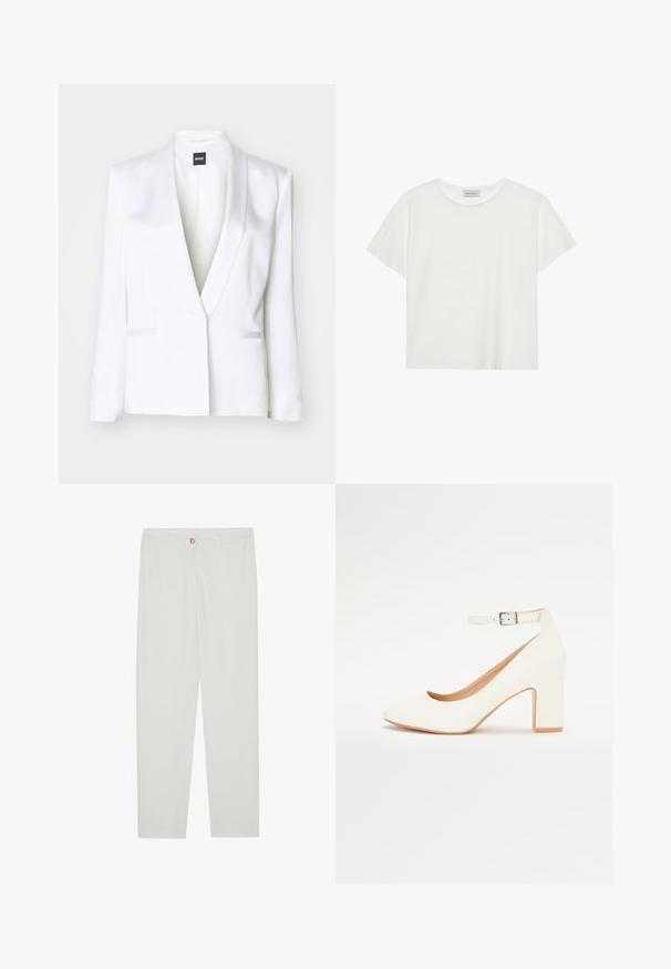 Biely šitý blejzer so saténovým povrchom, so šálovým golierom a prednými vreckami s klopou. Má štruktúrované ramená a dlhé rukávy.; Biele tričko s krátkymi rukávmi vyrobené z jemnej bavlny. Má okrúhly výstrih a voľný strih. Čistý dizajn bez viditeľných vzorov alebo akcentov.; Biele, priliehavé nohavice s rovnými nohavicami, so zapínaním na gombík, pútkami na opasok a bočnými vreckami; hladká textúra látky.; Biele lodičky na vysokom podpätku s špicatou špičkou, blokovým podpätkom a remienkom okolo členka. Hladký povrch s jemným leskom a béžovým vnútorným podšíváním.