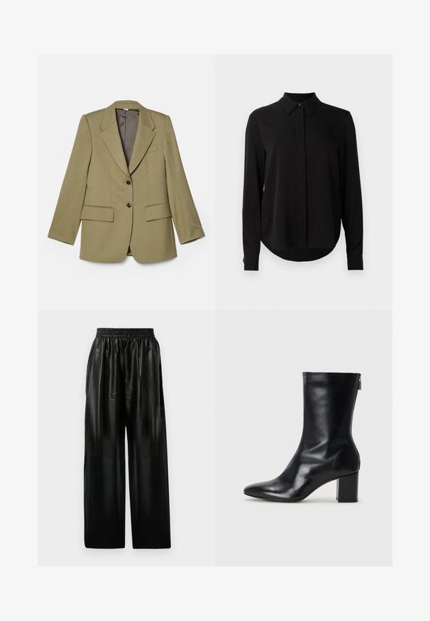 Olivno zelena srajca s krojem, opremljena z dvema črnima gumboma, nazobčanimi reverji, žepoma s flapom in žepom na prsih, predstavljena na beli podlagi.; Črna bluzica z dolgimi rokavi, z ostrim ovratnikom, skrito gumbasto zapenjanje in ukrivljenim robom, v nasprotju z enobarvno belo podlago.; Črne usnjene hlače širokega kroja z elastičnim pasom, ki imajo dve stranski žepi in gladko, sijočo teksturo.; Črne usnjene gležnjarje s koničastim nosom in 4 cm širokim peto. Elegantna zasnova vsebuje stranski zadrgo za enostavno obuvanje. Gladka tekstura.