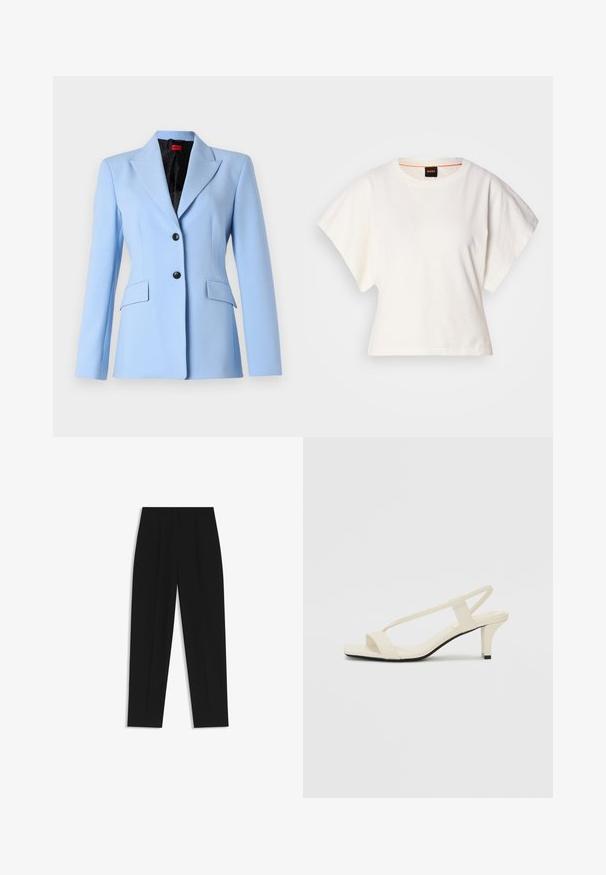 Lyseblå blazer med en notch-krave, to frontlommer og sorte knapper. Fôr med et subtilt mønster. Skræddersyet pasform.; Hvid cropped T-shirt, korte brede ærmer, blødt bomuldsstof, rund halsudskæring med diskret orange kant, minimalistisk design uden mønstre eller grafik.; Sorte bukser med lige pasform, der har dobbelte folder, en glat tekstur og et klassisk taljedesign. Ingen synlige hardware eller accenter.; Beige blokhælede sandaler med tynde remme og en firkantet tå. Glat materiale med minimal detaljering, designet til nem brug.