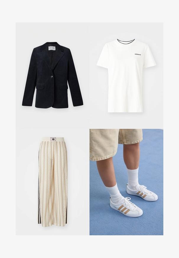 Marineblauer Cord-Blazer mit einem gestreiften Revers, langen Ärmeln, zwei Vorderentaschen, Ein-Knopf-Verschluss und einem glatten Innenfutter.; Weißes Baumwoll-T-Shirt mit kurzen Ärmeln und rundem Halsausschnitt. Mit einem schwarzen Adidas-Logo auf der Brust und einem kontrastierenden schwarzen Innenkragen.; Cremfarbene, weit geschnittene Hosen mit einem Zickzackmuster, ausgestattet mit einem schwarzen Logo-Bund und seitlichen schwarzen Streifen. Leichter, strukturierter Stoff.; Weiße Sneakers mit drei goldenen Streifen, Schnürdesign, Gummisohle, getragen mit gerippten weißen Socken und beigen Shorts auf einer blauen Fläche.