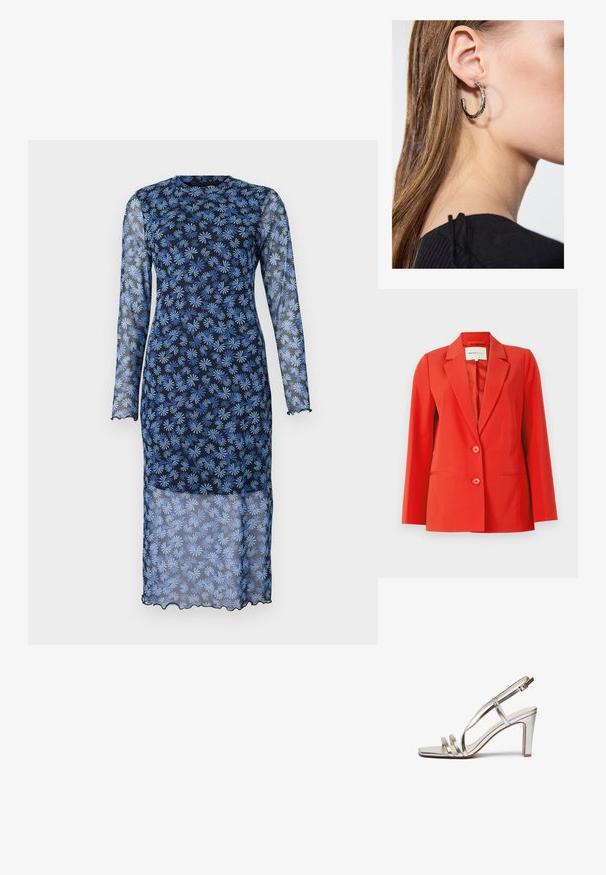 Red blazer with a tailored fit, notched collar, two front pockets, and two buttons. Smooth fabric with a structured silhouette.; Long-sleeve dress in dark navy with sheer fabric, featuring a floral pattern in light blue, rounded neckline, and scalloped edges.; Metallic silver high-heel sandal with an open toe, featuring three thin straps across the foot and an ankle strap with a buckle.; Silver hoop earring with a polished finish, featuring small gold accent details and a round shape, worn on the lobe.