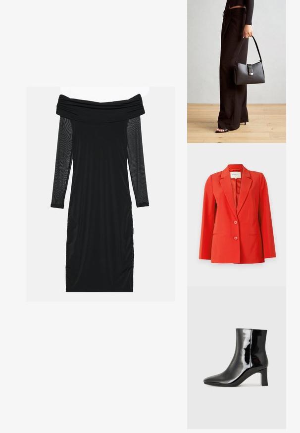 Blazer rosso con una vestibilità su misura, colletto a rever, due tasche frontali e due bottoni. Tessuto liscio con una silhouette strutturata.; Abito nero off-the-shoulder con maniche lunghe in rete trasparente, lati arricciati, tessuto morbido e silhouette aderente.; Stivaletto in pelle verniciata nera con punta a punta e tacco a blocco di altezza media. Texture liscia e design minimalista.; Borsa nera con forma strutturata, texture liscia e una chiusura metallica. Abbinata a pantaloni neri larghi e sandali open-toe su un pavimento in legno.