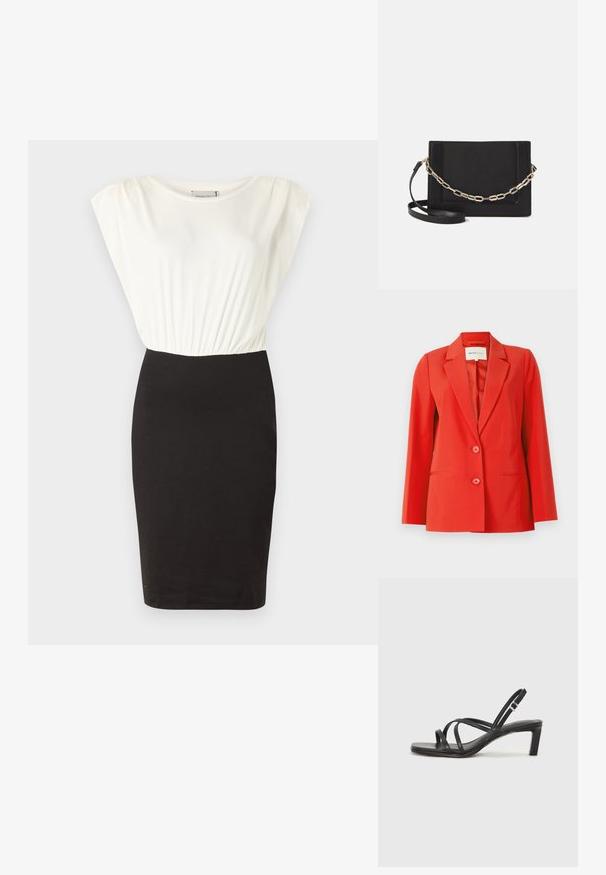 Punane bleiser, millel on kohandatud lõige, nõelaga kaelus, kaks esist pocketit ja kaks nuppu. Sujuv kangas koos struktureeritud siluetiga.; Kleit valge lühikeste varrukatega ülaosa ja sobiva musta seelikuga. Sile kangas kogutud vöökohtamise detailiga, põlvekohale ulatuv siluett.; Mustast rihmajalatsid ruudukujulise varba ja madala ploki kontsaga. Omab mitmeid õhukesi rihmasid ja reguleeritavat pahkluu rihma. Valmistatud siledast nahast.; Mustast nahast õlakott, mis omab siledat tekstuuri, ristküliku kuju ning esiküljel metallketi detaili. Reguleeritav rihm on kaasas.