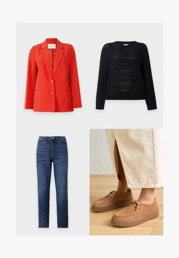 Red blazer with a tailored fit, notched collar, two front pockets, and two buttons. Smooth fabric with a structured silhouette.; TOM TAILOR DENIM V NECK - Jumper - deep black; High-waisted blue denim jeans with a straight leg, featuring subtle whiskering, single-button closure, and five-pocket design.; Tan leather shoes with a textured surface, round toe, and thick, ridged soles. Laces and stitching detail enhance the design.