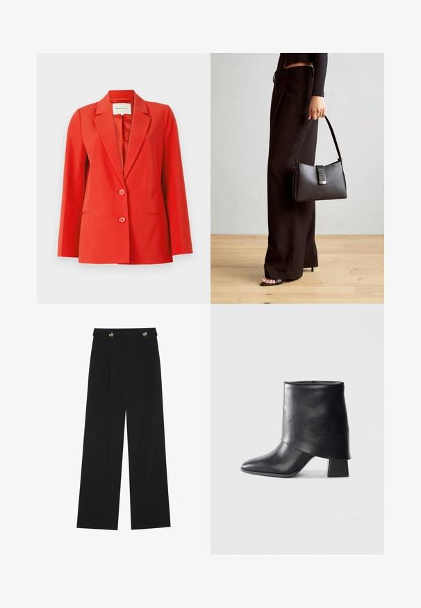 Raudona švarkas su pritaikyta forma, sprogstantis apykakle, dvi priekinės kišenės ir dvi mygtukai. Lygus audinys su struktūrine siluetu.; Du suknelės su ilgomis rankovėmis, viena juoda ir viena balta, abi su kvadratiniu iškirpimu ir pagamintos iš minkštos, elastingos medžiagos.; Juodi plačios kojos kelnės su aukštu liemeniu, sagų detalėmis ant liemens ir priekinėmis raukšlėmis.; Juodos odinės kulkšnės botai su smailiu pirštu, lygiu paviršiumi ir standžiu blokiniu kulnu. Ypatybė - aukštas, sulankstytas užkulnis.; Juodas rankinė struktūrizuota forma, lygi tekstūra ir metalinis užsegimas. Suporuota su plačiomis juodomis kelnėmis ir atvirais bateliais ant medinių grindų.