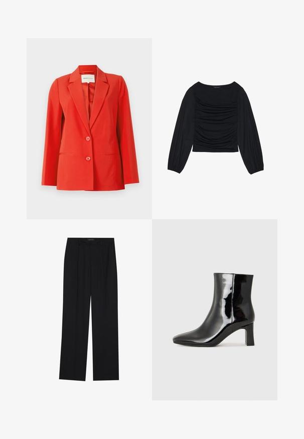 Rote Blazer mit taillierter Passform, Reverskragen, zwei vorderen Taschen und zwei Knöpfen. Glattes Material mit strukturiertem Schnitt.; Schwarzes Langarmoberteil mit gerafftem Stoffdetail an der Vorderseite und an den Handgelenken, aus weichem, elastischem Material mit einem U-Boot-Ausschnitt.; Schwarze Hose mit geradem Bein, ausgestattet mit zwei frontalen Taschen und einem Taillenbund. Hergestellt aus einem glatten, leichten Stoff.; Schwarzer Lackleder-Stiefelette mit spitzer Zehe und einem mittelhohen Blockabsatz. Glatte Textur und minimalistisches Design.