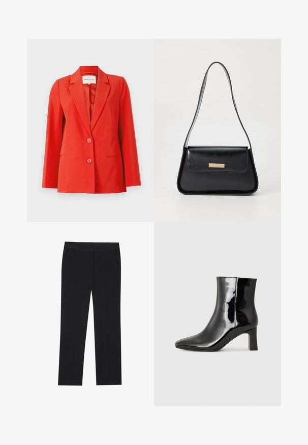 Červený blejzr s přiléhavým střihem, klopovým límcem, dvěma předními kapsami a dvěma knoflíky. Hladká textilie se strukturovanou siluetou.; Bílý žebrovaný top s krátkým rukávem, který má výstřih se šněrováním a krajkovými detaily na límci. Vlnkované okraje na lemech rukávů.; Černé kalhoty se střihovým designem rovného nohavice, s bočními kapsami a jemnou texturou látky. Minimální detaily, čistý pas.; Černé lakované kotníkové boty s špičatou špičkou a středně vysokým blokovým podpatkem. Hladká textura a minimalistický design.; Černá kožená kabelka se strukturovaným trojúhelníkovým tvarem, štíhlým popruhem a zlatými kovovými prvky, na přední klopě s logovými destičkami.