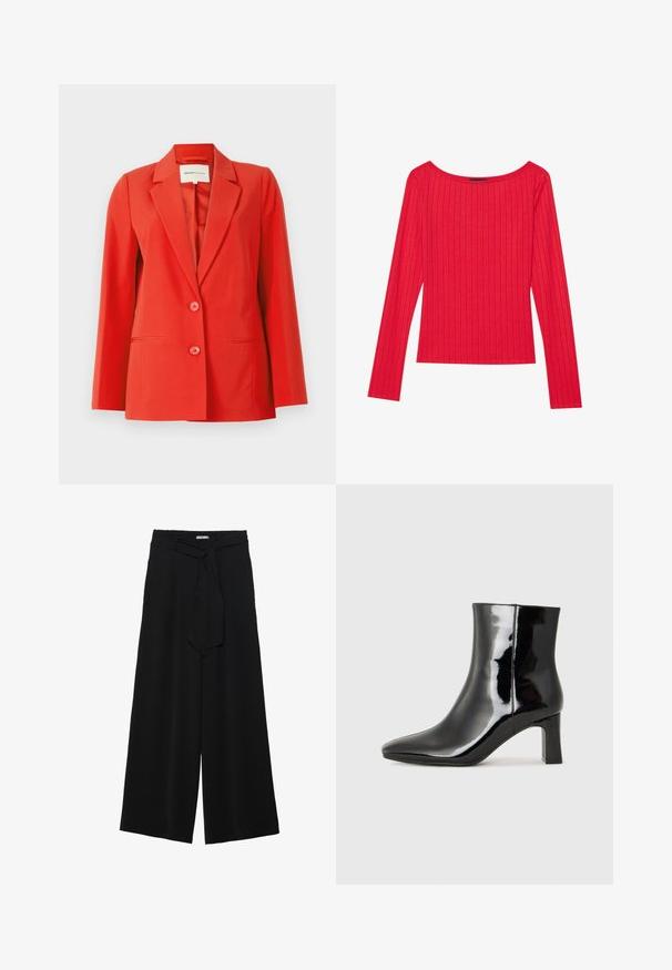 Piros blézer testhezálló szabással, kivágott gallérral, két elülső zsebbel és két gombbal. Sima, feszes anyag, strukturált sziluettel.; Piros, hosszú ujjú felső bordás anyagból, széles nyakkivágással és testhez álló szabással. Sima textúrájú, függőleges csíkokkal.; Fekete, bő szárú nadrág, texturált anyagból, rugalmas derékpánttal és levehető sállal a derekán, amely állítható illeszkedést biztosít.; Fekete lakk bőrcipő bokáig érő, hegyes orral és közepes magasságú tömbsarokkal. Simább textúrával és minimalista dizájnnal rendelkezik.