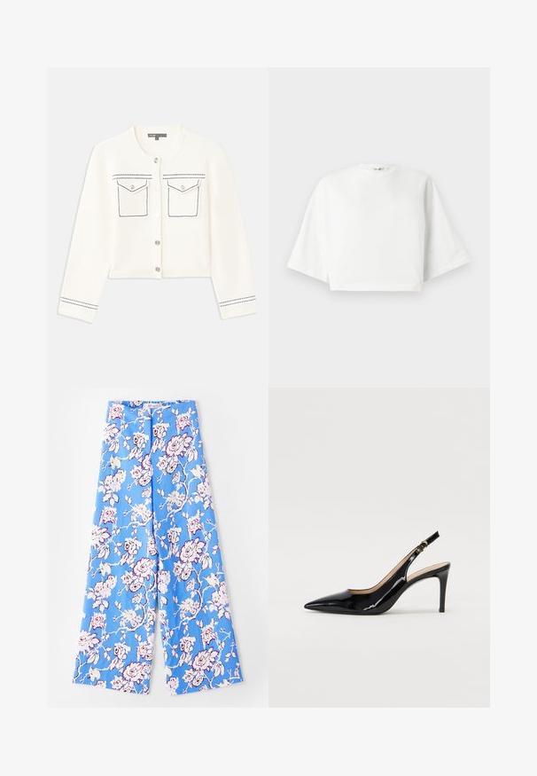 Gekürzter weißer Cardigan mit langen Ärmeln, silberner Knopfschließe, zwei Brusttaschen und blauen Nähakzenten entlang der Taschen und Bündchen.; Weißes, kürzer geschnittenes T-Shirt mit lockerer Passform, kurzen, weit geschnittenen Ärmeln, rundem Ausschnitt und seitlichen Schlitzen, aus weichem Baumwollmaterial.; Blaue Blumenhose mit einem pastellfarbenen Rosenmuster. Der Stoff ist glatt mit einer lockeren Passform, weiten Beinen und einem elastischen Bund.; Schwarz lackierte Slingback-Pumps mit spitzem Zehenbereich, schlankem Absatz und einem subtilen Ausschnittdesign. Verfügt über eine goldene Schnalle am Riemen.