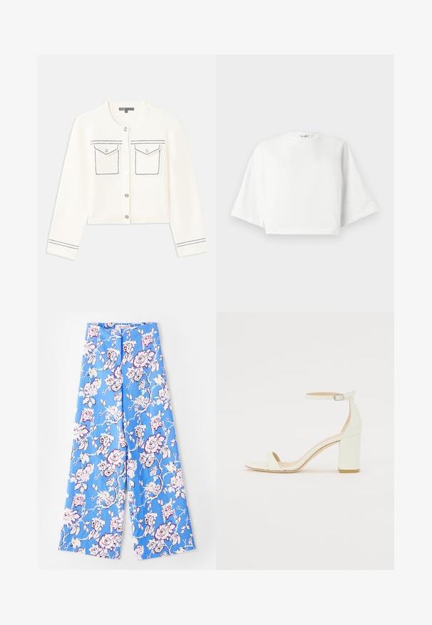 Przycięty biały kardigan z długimi rękawami, zapięciem na srebrny guzik, dwoma kieszeniami na piersi oraz niebieskimi przeszyciami wzdłuż kieszeni i mankietów.; Biała, krótka koszulka z luźnym krojem, krótkimi szerokimi rękawami, okrągłym dekoltem i bocznymi szwami, wykonana z miękkiego bawełnianego materiału.; Niebieskie spodnie w kwiaty z pastelowym wzorem róż. Materiał jest gładki, z luźnym krojem, szerokimi nogawkami i elastycznym pasem.; Białe skórzane sandały na blokowym obcasie z paskiem wokół kostki z klamrą i minimalistycznym wzornictwem. Otwarty przód oraz gładkie tekstury na całej powierzchni.