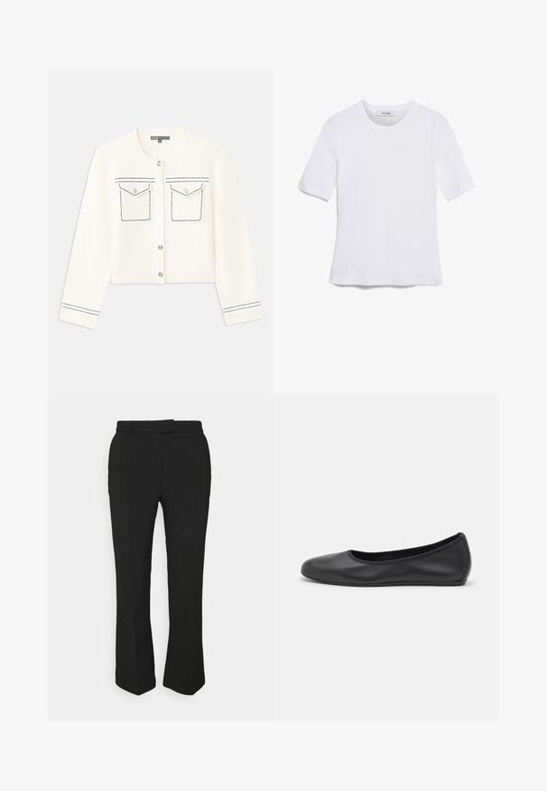 Cropped white cardigan with long sleeves, silver button closure, two chest pockets, and blue stitching accents along pockets and cuffs.; White short-sleeve t-shirt made of ribbed fabric. Round neckline, regular fit, and subtle stitching details. No patterns or graphics.; Black tailored pants with a straight-leg design, featuring belt loops and side pockets. Made from smooth fabric with a clean finish.; Black leather ballet flat with a rounded toe, smooth texture, minimal stitching detail, and a flexible sole design.