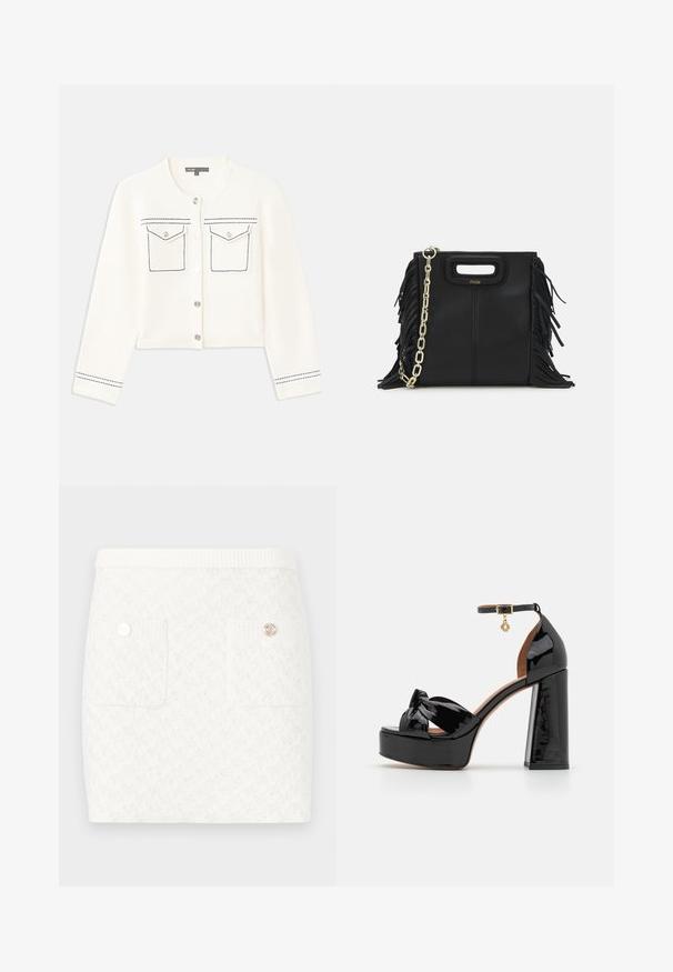 Cardigan bianco tagliato con maniche lunghe, chiusura a bottoni in argento, due tasche sul petto e dettagli in cuciture blu lungo le tasche e i polsini.; Canotta nera a costine con spalla scoperta, dal design aderente e texture morbida. Presenta un taglio pulito e minimal e un collare liscio.; Gonna corta bianca con un motivo testurizzato, dotata di due tasche anteriori e bottoni decorativi in oro. Vita elastica per il comfort.; Maje Sandali con tacco - noir; Borsa a tracolla in pelle nera con dettagli a frangia, catena dorata e manico ritagliato. Presenta il logo sulla parte anteriore.