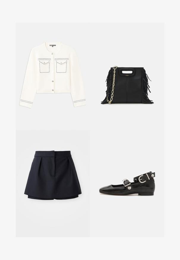 Gekürzter weißer Cardigan mit langen Ärmeln, silberner Knopfschließe, zwei Brusttaschen und blauen Nähakzenten entlang der Taschen und Bündchen.; Navyblaues gestreiftes Poloshirt mit spitzem Kragen, kurzen Ärmeln und zwei vorderen Taschen mit Druckknöpfen; hervorgehoben durch weiße Steppnähte.; Marinefarbene Falten-Shorts mit hoher Taille, aus glattem Stoff gefertigt. Sie verfügen über ein figurbetontes Design und eine versteckte Fronttasche.; Schwarze Lackleder-Ballerina mit eckiger Zehenpartie, Knöchelriemen mit silberner Hardware und flacher Sohle. Glatte Textur mit minimalistischen Design.; Schwarze Lederhandtasche mit Fransen-Details, goldener Ketten-Schulterriemen und einem ausgeschnittenen Griff. Mit Logoplatzierung auf der Vorderseite.
