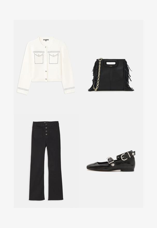 Zkrácený bílý kardigan s dlouhými rukávy, stříbrným zapínáním na knoflíky, dvěma náprsními kapsami a modrými švy na kapsách a manžetách.; Námořnicky modrý žebrovaný polo tričko s špičatým límcem, krátkými rukávy a dvěma předními kapsami se zacvakávacími knoflíky; zvýrazněné bílými švy.; Černé zvonové džíny s vysokým pasem, designem s pěti kapsami a předním zapínáním na čtyři kovové knoflíky.; Černé lakované baleríny se čtveratou špičkou, nártní přezkou s stříbrným kováním a plochou podrážkou. Hladká textura s minimalistickým designem.; Černá kožená kabelka s třásněmi, zlatým řetízkovým ramenním popruhem a rukojetí s výřezem. Na přední straně se nachází logo.