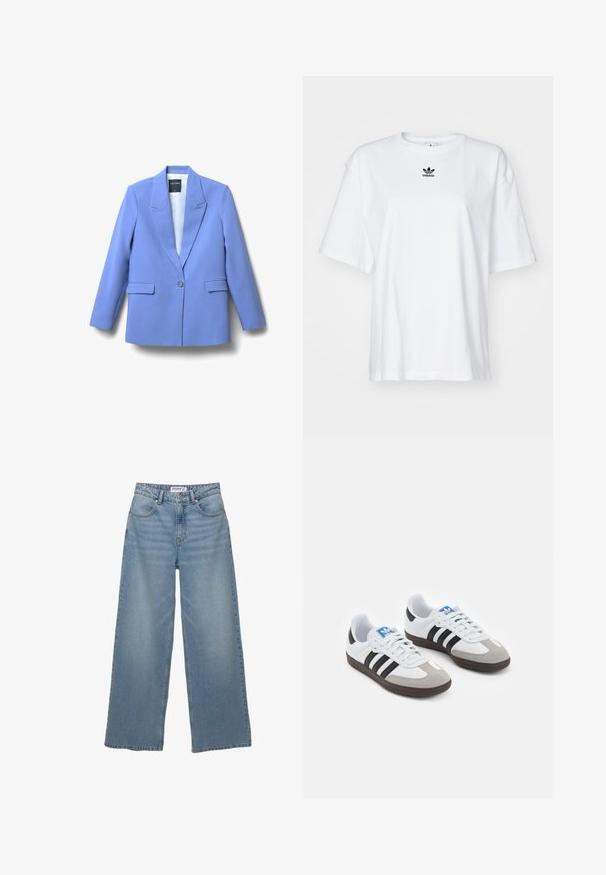 Ein einreihiger Blazer in Periwinkle-Blau mit Reverskragen und Klapptaschen, flach auf einem weißen Hintergrund präsentiert.; Weißes T-Shirt mit kurzen Ärmeln aus Baumwolle. Verfügt über einen Rundhalsausschnitt und ein kleines schwarzes Adidas-Logo auf der Brust. Gerader Saum.; Helle blaue weit geschnittene Jeans aus Denim. Merkmale sind eine hohe Taille, fünf Taschen und ein gerader Schnitt mit minimaler Ausbleichung.; Sportschuhe mit einem Obermaterial aus weißem Leder, grauer Wildleder-Zehenkappe und drei schwarzen Streifen. Sie verfügen über ein blaues Logo auf der Zunge und eine strukturierte Gummisohle.