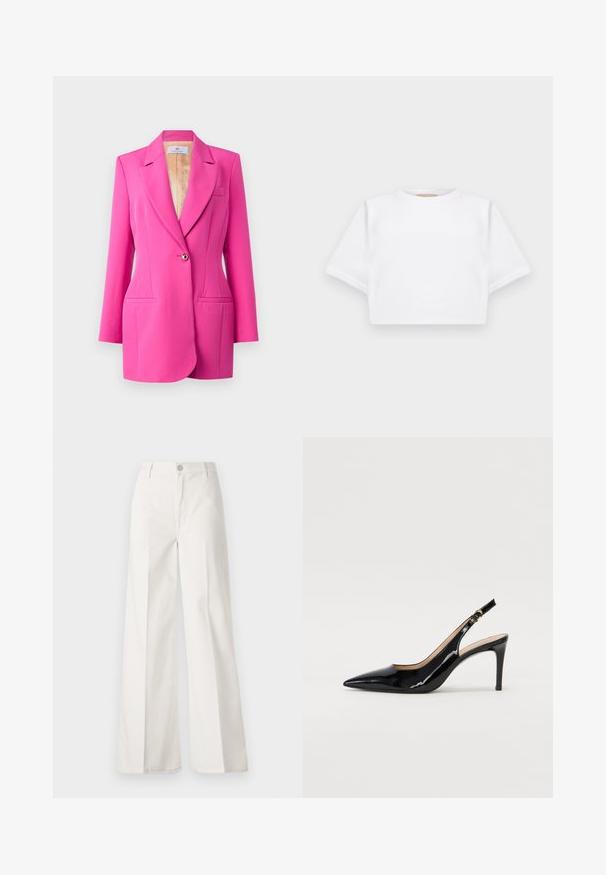 CHIARA FERRAGNI GIACCHE - Blazer - raspberry rose; Cropped white t-shirt made of soft fabric, featuring short sleeves, a round neckline, and ribbed hem details. Simple and unembellished design.; White wide-leg trousers made from cotton with a smooth texture. Features a front button, zipper fly, and four-pocket design.; Black patent leather slingback pump with pointed toe, slim heel, and a subtle cutout design. Features a gold buckle on the strap.