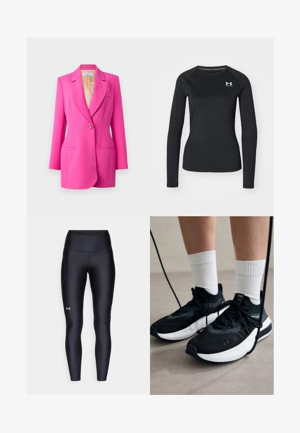 CHIARA FERRAGNI GIACCHE - Blazer - raspberry rose; Black long-sleeve athletic shirt made of smooth fabric, featuring a round neckline and a small white logo on the left chest.; Black leggings made of smooth, stretchy material with a high waistband. Features a white logo on the left thigh and fitted design.; Black athletic shoes with textured fabric, white sole, and black laces. Worn with white ribbed socks, standing on a light surface.