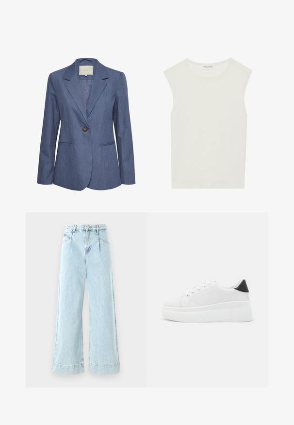 Modro-džínsový blejzer s výstrihom do špicatého tvaru, jednoelným zapínaním a dvoma prednými vreckami. Hladká textura a priliehavý strih.; Biely bezrukávový top s okrúhlym výstrihom. Vyrobený z hladkého materiálu, má uvoľnený strih a minimalistický dizajn. Žiadne vzory alebo akcenty.; Svetlo modré široké džínsy z denimu, s vysokým pásom, prednými vreckami a prešitými detailmi na leme.; Biele platformové tenisky vyrobené z hladkého syntetického materiálu, so zaoblenou špičkou, šnurovacím dizajnom a textúrovanou gumovou podrážkou. Čierny akcent na päte.