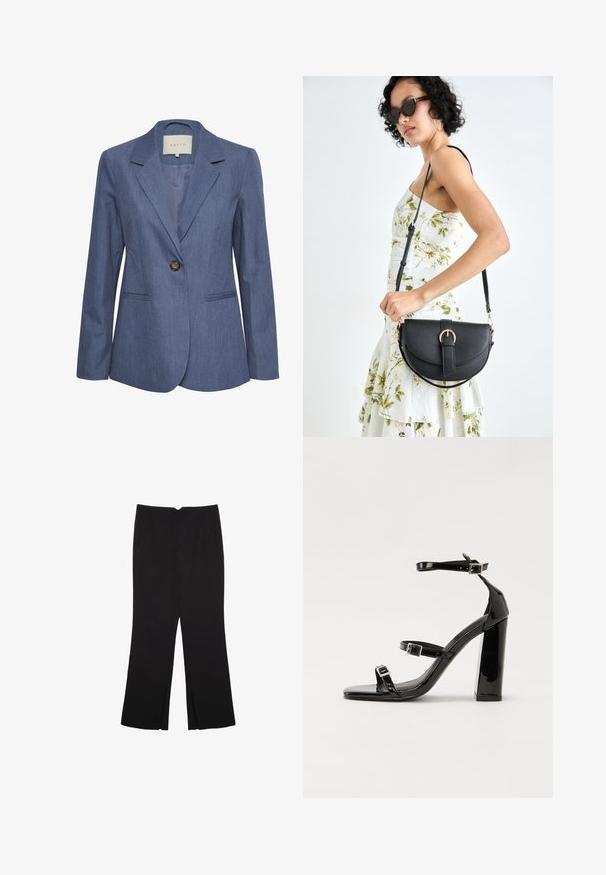 Sininen farkkutakki, jossa on viistot läpät, yksi napin sulku ja kaksi etutaskua. Sujuva pinta ja muotoiltu istuvuus.; Musta lyhythihainen lyhyt t-paita, jossa on pyöreä kaula-aukko ja yksinkertainen design, asetettuna tasaisesti valkoiselle taustalle.; Mustat housut suoralinjaisella leikkauksella, joissa on etutaskut ja sivurei'ät helman alla. Valmistettu pehmeästä ja sileästä kankaasta. Sopii eri tilaisuuksiin.; Musta kiiltäväpintainen korkokengät, joissa on kaksi solkikiinnitystä, neliönmuotoinen kärki ja paksu korko, sileällä, kiiltävällä pintarakenteella.; Musta nahkainen käsilaukku, joka on kaareva muotoilultaan, irrotettavalla hihnalla ja kultaisilla yksityiskohdilla. Laukussa on läppä, jossa on solk yksityiskohta.