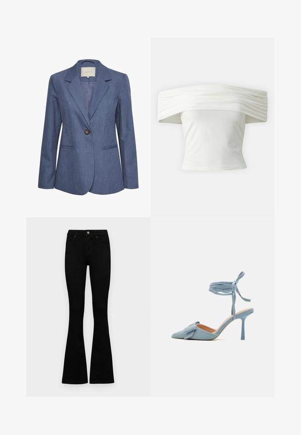 Mėlynas džinsinis švarkas su įpjovomis apykaklėmis, vienu sagos uždarymu ir dviem priekinėmis kišenėmis. Lygus paviršius ir pritaikytas siluetas.; Balnko petnešos viršus su klostėta, struktūrine iškirpte ir prigludusia liemene. Pagamintas iš minkštos medžiagos su lygiu paviršiumi.; Juodos aukšto liemens džinsai su mygtuku ir užtrauktuku, priekinėmis kišenėmis ir platėjančiomis kojomis, išdėstyti ant baltos fono.; Šviesiai mėlynos audinio aukštakulnės bateliai su smailiu galiuku ir tekstūruotu paviršiumi, su dekoratyviniu kaspinėliu ir kulkšnies juostele, užtikrinančia tvirtą prigludimą.