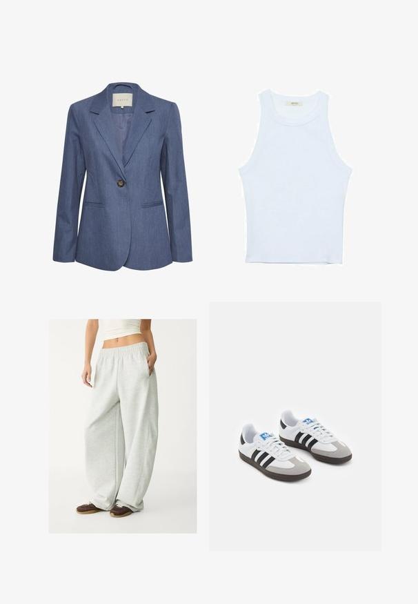 Sininen farkkutakki, jossa on viistot läpät, yksi napin sulku ja kaksi etutaskua. Sujuva pinta ja muotoiltu istuvuus.; Valkoinen hihaton toppi, ribbed rakenne, pyöreä pääntie, hihaton malli, tiukka muoto, hillitty brändäys kauluksella sisäpuolella.; Vaaleat harmaat collegehousut, joissa on joustava vyötärö, sivutaskut ja löysä istuvuus. Valmistettu pehmeästä, tekstuurilla varustetusta kankaasta; sisältää hienovaraisia saumoja.; Urheilukengät, joissa on valkoinen nahkainen päällinen, harmaa mokkanokka ja kolme mustaa raitaa. Ominaisuuksina sininen logo kielekkeessä ja kuvioitu kumipohja.