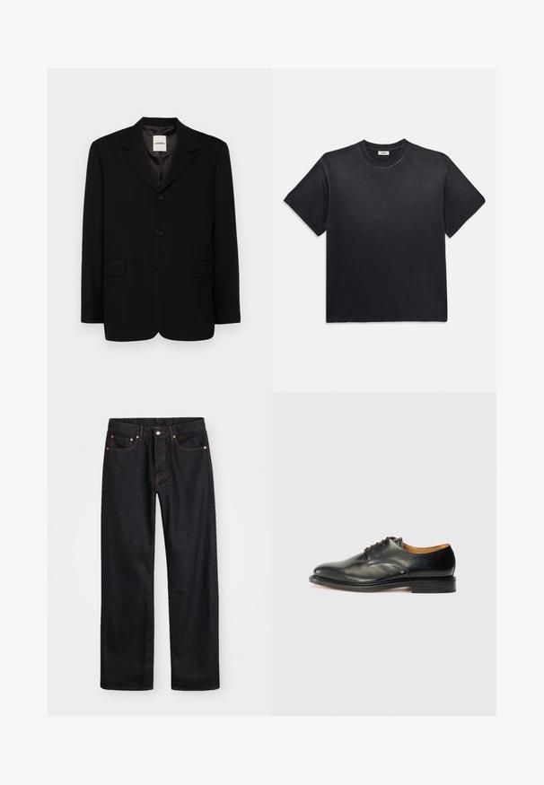 Zwarte blazer met notch-revers, drieknoopsluiting, één borstzak en twee voorzakken. Gladde stof en gestructureerd ontwerp.; Zwarte katoenen t-shirt met een ronde halslijn en korte mouwen. Heeft een ontspannen pasvorm, een gladde textuur en een minimalistisch ontwerp.; Heren straight-leg zwarte denim jeans met vijf zakken en oranje stiksels, knoop- en ritssluiting op de voorkant van de tailleband.; Zwarte leren nette schoen met een gladde afwerking, ronde neus en minimale veters. Beschikt over een subtiel ontwerp en een lage, stevige rubberen zool.