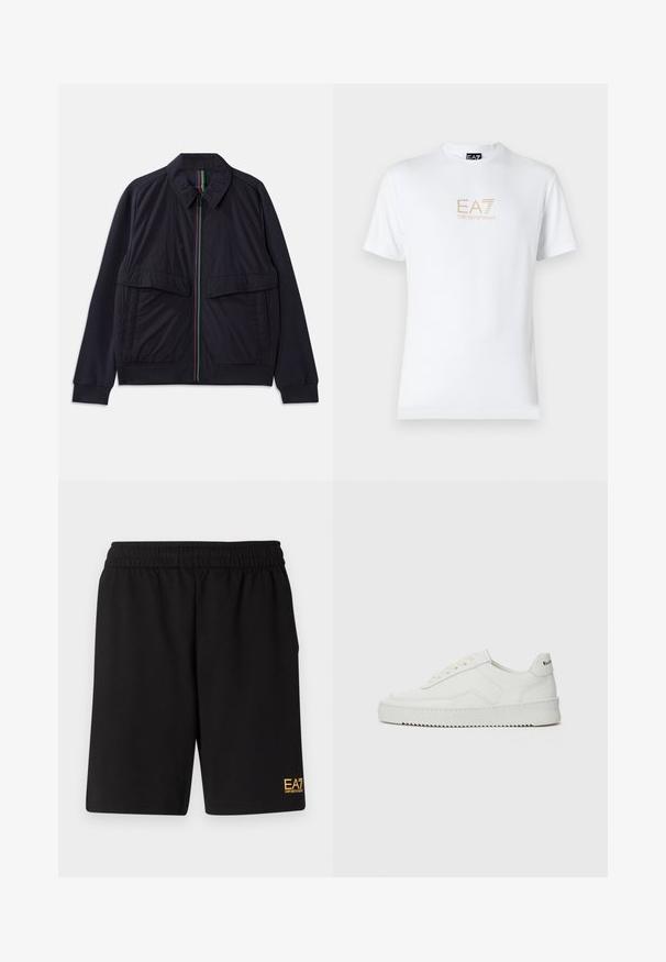 Navy jacket featuring a zip front with a multicolored striped placket, two large front pockets, and a ribbed hem. Textured fabric finish.; White cotton t-shirt featuring a round neckline and short sleeves, with a gold EA7 Emporio Armani logo printed on the front.; Black athletic shorts made of soft fabric,Featuring an elastic waistband and a small yellow EA7 logo on the lower left leg.; White leather sneaker with a smooth finish, round toe, flat laces, and a textured sole. Features a subtle logo on the heel.