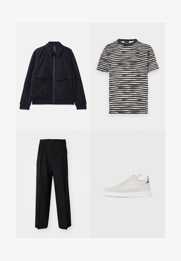 Námornícka bunda s predným zipsom a viacfarebnou pruhovanou légou, dvoma veľkými prednými vreckami a rebrovaným lemom. Textúrovaný povrch.; Čierno-biele pruhované tričko s okrúhlym výstrihom, krátkymi rukávmi a mäkkou textúrou. Má striedajúce sa hrubé a tenké pruhy.; Čierne skladané nohavice s rovnom, širokým strihom. Vyrobené z hladkého materiálu, s gombíkovým zapínaním a pútkami na opasok.; Biele kožené tenisky s šedými semišovými akcentmi, viazanie, pútko na päte a textúrovaná gumová podrážka s cik-cak vzorom.