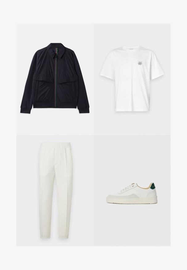 Mornarska jakna s patentnim zatvaračem sprijeda, s višebojnom prugastom opatkom, dva velika prednja džepa i rebrastim donjim rubom. Tekstura tkanine.; Bijela majica od pamuka s kratkim rukavima, okruglim izrezom i malim sivim logotipom na lijevoj strani prsnog područja. Glatka tekstura.; Bijele uske hlače ravnog kroja s elastičnim pojasom, s dvije džepa sa strane i glatkom, lagano sjajnom teksturom.; Bijele tenisice s akcentima od antilopa, zaobljenim vrhom, ravnim vezicama i krem gumenim potplatom. Imaju zelenu oznaku na peti.