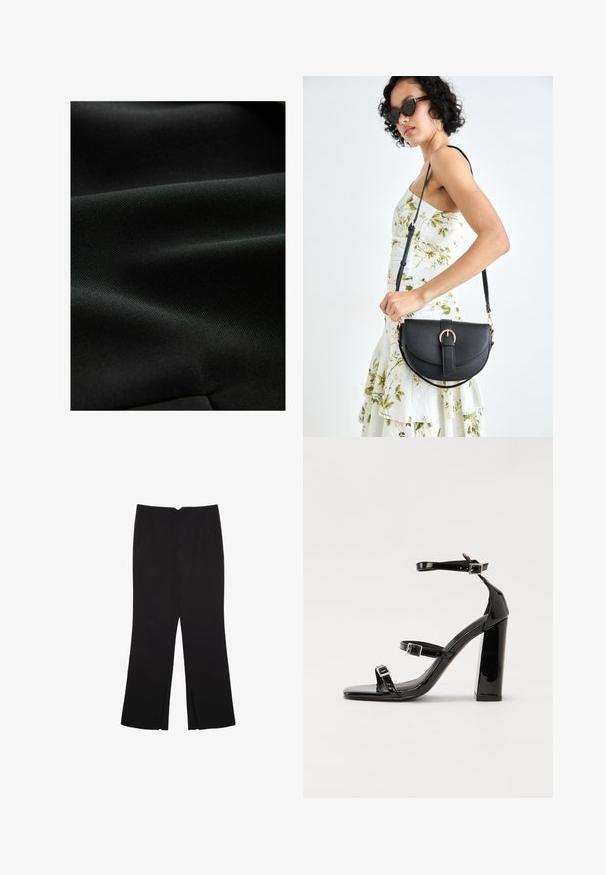 Schwarzer Stoff mit glatter, strukturierter Oberfläche, der subtile Falten und ein einheitliches Erscheinungsbild zeigt, ideal für verschiedene Bekleidungsanwendungen.; Schwarzes ärmelloses Oberteil aus glattem Stoff, mit einem runden Ausschnitt und einer figurbetonten Passform, ohne sichtbare Muster oder Verzierungen.; Schwarze Hose mit geradem Schnitt, ausgestattet mit Fronttaschen und Seitenschlitzen am Saum. Hergestellt aus weichem, glattem Stoff. Geeignet für verschiedene Anlässe.; Schwarze patentierte Sandalen mit Absatz, quadratischer Spitze, Knöchelriemen und silbernen Schnallen. Mit einem stabilen Blockabsatz für mehr Stabilität.; Schwarze Lederhandtasche mit geschwungener Form, abnehmbarem Tragegurt und goldenen Beschlägen. Die Tasche verfügt über einen Deckel mit einer Schnallen-Details.