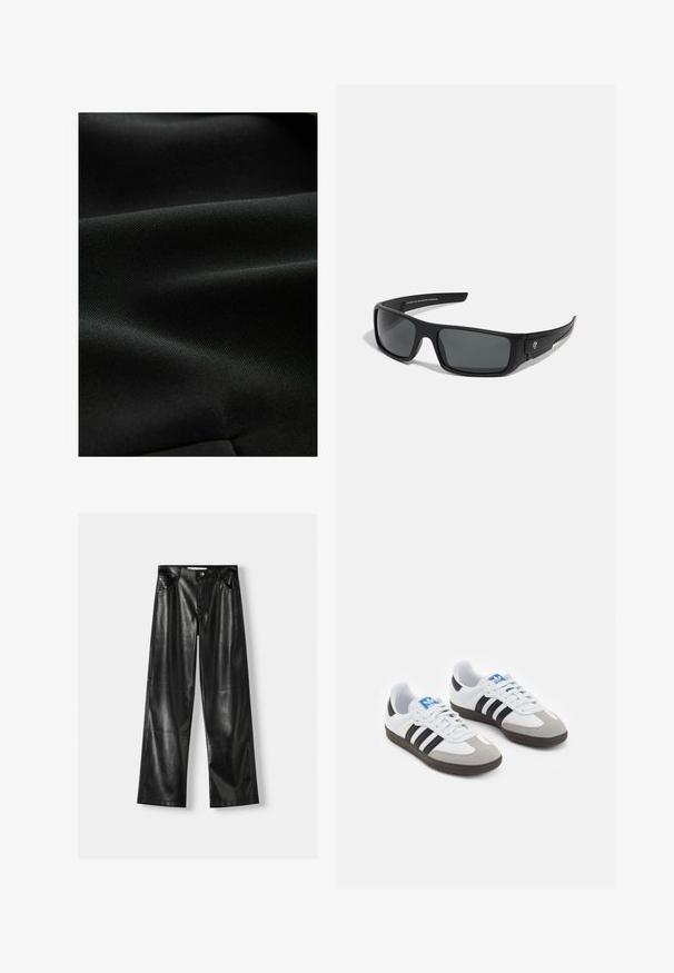 Tissu noir avec une surface lisse et texturée, affichant des plis subtils et une apparence uniforme, idéal pour diverses applications vestimentaires.; Deux hauts à manches longues : un noir et un blanc. Tous deux présentent un col rond et une texture lisse et côtelée. Étiquette de la marque visible à l'intérieur du col.; Pantalons larges en cuir noir avec une texture brillante, comportant deux poches avant, une fermeture à bouton et des détails de couture visibles.; Baskets avec une tige en cuir blanc, un bout en daim gris et trois bandes noires. Présente un logo bleu sur la languette et une semelle en caoutchouc texturée.; Lunettes de soleil noires avec une monture rectangulaire, des verres gris foncé et une finition en plastique lisse. Accent de logo remarquable sur le côté.; Sac en nylon noir à l'épaule avec une forme incurvée, accent en chaîne argentée, pochette mini amovible et bandoulière ajustable ; présente le logo "Steve Madden".