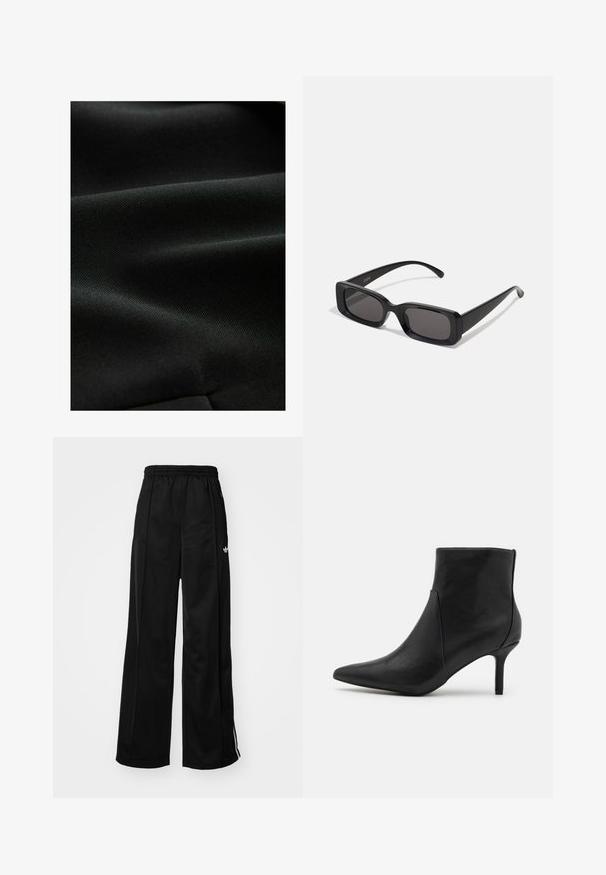 Czarna tkanina o gładkiej, teksturowanej powierzchni, z subtelnymi zagnieceniami i jednolitym wyglądem, idealna do różnych zastosowań odzieżowych.; Biała koszulka z krótkim rękawem wykonana z bawełny, z okrągłym dekoltem i luźnym krojem. Gładka tekstura, bez widocznych wzorów czy ozdób.; Czarne szerokie spodnie dresowe z elastycznym pasem, z białymi paskami po bokach i małym logo na lewym biodrze. Gładka tekstura materiału.; Anna Field - Ankle boot; Czarne prostokątne okulary przeciwsłoneczne z ciemnymi szkłami, błyszczącym wykończeniem, szerokimi zausznikami i masywną konstrukcją. Wygrawerowana nazwa marki na jednym z zauszników.
