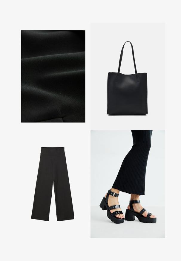 Tessuto nero con una superficie liscia e texture, che presenta pieghe sottili e un aspetto uniforme, ideale per diverse applicazioni di abbigliamento.; T-shirt nera in cotone con maniche corte, caratterizzata da una piccola grafica di una farfalla rosa sul lato sinistro del petto. Design a girocollo con una vestibilità rilassata.; Pantaloni neri a gamba larga con vita elastica alta, in tessuto morbido e vestibilità ampia, adatti per l'abbigliamento casual o ambienti rilassati.; Sandali neri con piattaforma, suole chunky e tassellate, dotati di molteplici cinturini, con fibbie in metallo e un texture simile alla pelle liscia.; Borsa tote in pelle nera con texture liscia, forma rettangolare e due manici lunghi. Nessun hardware o decorazione visibile.