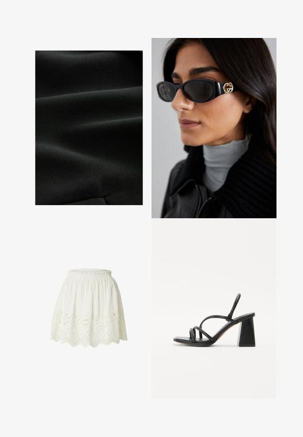 Black fabric with a smooth, textured surface, displaying subtle creases and a uniform appearance, ideal for various clothing applications.; White short-sleeve t-shirt with a round neckline, soft texture, and a relaxed fit. Slightly curved hemline adds a casual touch.; White cotton skirt with a gathered waistband, featuring intricate embroidered cutouts along the hem in a scalloped pattern.; Black heeled sandal with a square, chunky heel, featuring multiple thin straps across the foot and an open back design. Smooth leather texture.; Black sunglasses featuring a sleek rectangular frame with a gold logo accent on the side. Dark lenses and glossy finish are prominent.; Black leather handbag with a structured shape, gold hardware, and a lock detail. Features dual top handles and embossed branding on the front.