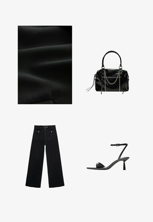 Tissu noir avec une surface lisse et texturée, affichant des plis subtils et une apparence uniforme, idéal pour diverses applications vestimentaires.; Haut court à manches longues noir avec encolure ronde, design uni et ourlet légèrement arrondi.; Jean's larges noires avec taille haute, dotés de deux poches avant et d'accents en métal sur les boutons. Le tissu a une texture lisse.; Bershka Sandales à talons hauts - black; Bershka WITH CHAIN - Sac à main - black