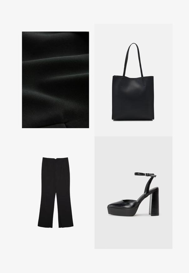 Musta kangas, jossa on sileä, teksturoitu pinta, joka esittelee hienovaraisia taitoksia ja tasaisen ilmeen, ihanteellinen erilaisiin vaatekäyttöihin.; Mustat lyhyet hihavat t-paidat, jotka on valmistettu puuvillasta. Ominaisuuksiin kuuluu pyöreä kaula-aukko ja löysä istuvuus sekä sileä, yksinkertainen pinta. Ei näkyviä kuvioita tai koristeita.; Mustat housut suoralinjaisella leikkauksella, joissa on etutaskut ja sivurei'ät helman alla. Valmistettu pehmeästä ja sileästä kankaasta. Sopii eri tilaisuuksiin.; Mustat korkeat platform-kengät, joissa on terävä kärki ja säädettävä nilkkaremmi. Valmistettu sileästä nahasta ja varustettu paksulla lohkokorkeudella.; Mustapahkainen kangaskassi, jossa on sileä pinta, suorakaiteen muotoinen ja kaksi pitkää kahvaa. Ei näkyvää metalliosaa tai koristeita.