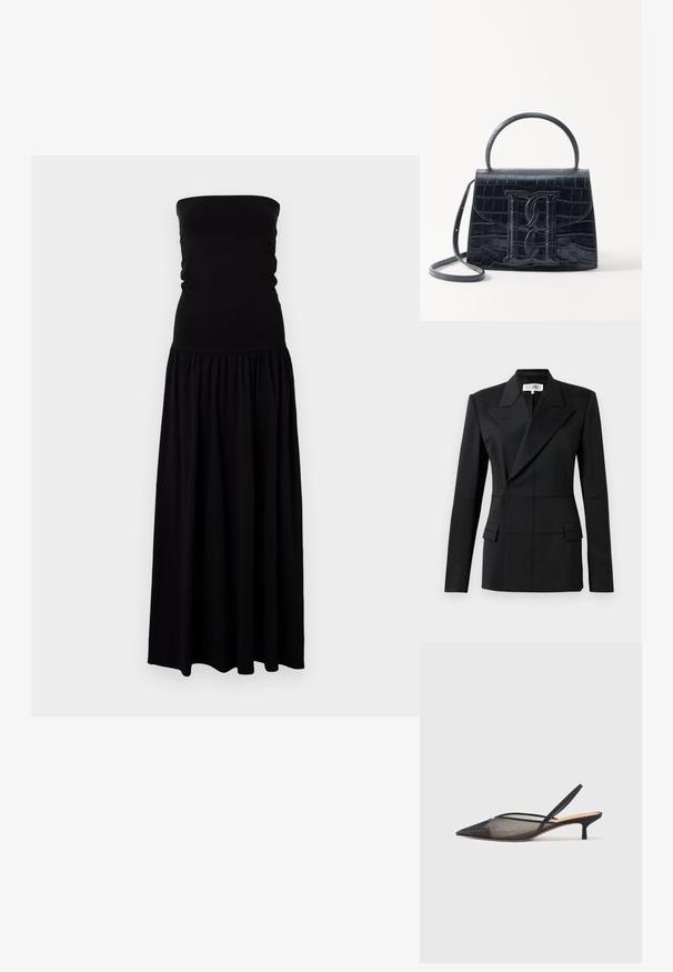 Černý ušitý blejzr, s jedním dlouhým rukávem, klopové límce, dvouřadé zapínání, dvě přední kapsy, strukturovaná tkanina s viditelným prošíváním.; Černé maxi šaty bez ramínek vyrobené z měkké, elastické tkaniny. Přiléhavé tělo s nařasenou sukní, splývavá látka a hladká textura.; NEOUS IRENA - Klasické lodičky - black; Černá kabelka z krokodýlí kůže s embosovaným vzorem, strukturovaným designem, horním uchycením, nastavitelným popruhem a výrazným logem na přední straně.