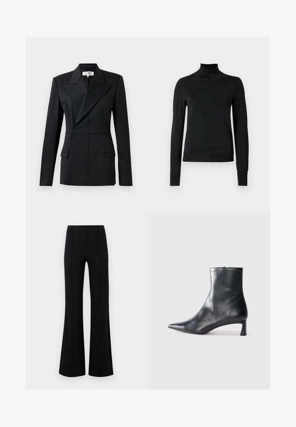 Melns pielāgots žakets, ar vienu garu piedurkni, ar izgriezumiem, divkāršu pogu aizdari, divām priekšējām kabatām, strukturēta auduma ar redzamām šuvēm.; Melnas garām piedurknēm turtlenecks džemperis ar ribotām aprocēm un apakšmali, attēlots uz vienkārša balta fona.; Melnas platas bikses ar augsto jostasvietu, izgatavotas no elastīga auduma. Satur vertikālas šuvju detaļas priekšpusē un gludu tekstūru.; Melnas ādas potītes zābaki ar norādītu pirkstu un elegantu dizainu. Iezīmē zemu papēdi un rāvējslēdzēja aizdari aizmugurē. Gluda tekstūra.