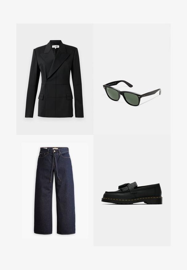 Fekete, szabott blézer, egy hosszú ujjú, becsípett hajtókával, duplagombos záródás, két elülső zseb, formázott szövet látható varrással.; Fehér, hosszú ujjú garbó póló, sima, rugalmas anyagból készült. Szoros illeszkedésű és magas gallérral rendelkezik. Nincsenek látható minták vagy díszítések.; Széles lábú, sötétkék farmernadrág magas derékkal, húzózsinórral, öt zsebbel és kontrasztos varrással.; Fekete bőr lófarok cipő, bojttal, sárga varrással a talp mentén, és vastag, bordás gumitalppal.; Fekete műanyag napszemüveg zöld lencsékkel, négyzet alakú kerettel, ezüst díszítéssel a keret felső részén, valamint texturált szárakkal. A márka neve a belső száron található.