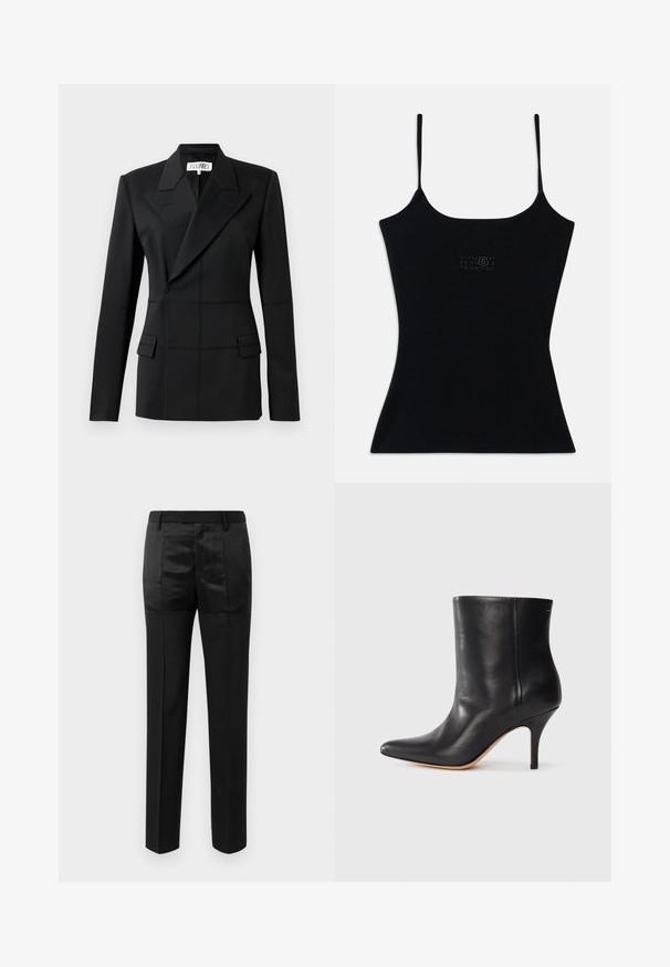 Černý ušitý blejzr, s jedním dlouhým rukávem, klopové límce, dvouřadé zapínání, dvě přední kapsy, strukturovaná tkanina s viditelným prošíváním.; Černý přiléhavý top na ramínka s tenkými popruhy, vyrobený z žebrované látky. Obsahuje jemný design loga na přední straně. Hladká textura a elegantní silueta.; Černé kalhoty na míru se rovnými nohavicemi a pasem s poutky na opasek, které se vyznačují kombinací matných a lesklých panelů tkaniny.; Černá kožená kotníková bota s špičatou špičkou, štíhlým jehlovým podpatkem a hladkým povrchem. Minimalistický design bez viditelného hardwaru nebo akcentů.